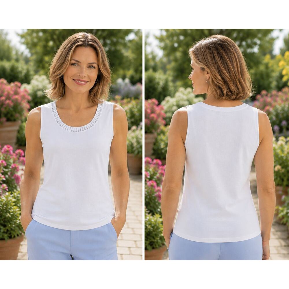 Coral Bay Women’s Medium White Embellished Rhinestones Studs Sleeveless Top Tank